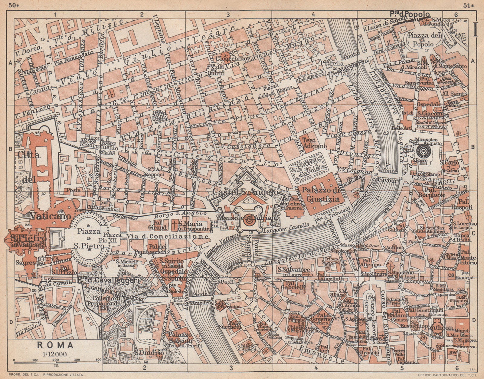ROMA ROME Piazza Navona Vaticano Castel S Angelo Pantheon pianta città 1958 map